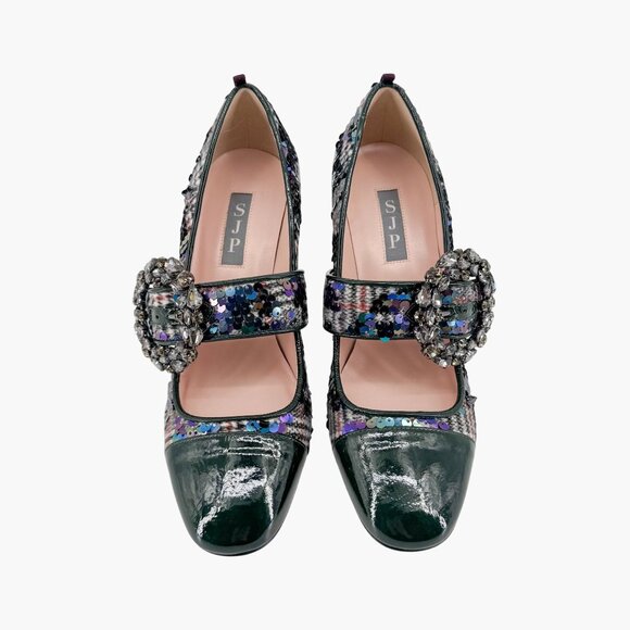 SJP Winnie Crystal Buckle Mary Jane Pumps Size 37 US 6-7 Tartan Sequin Heels - Picture 2 of 12